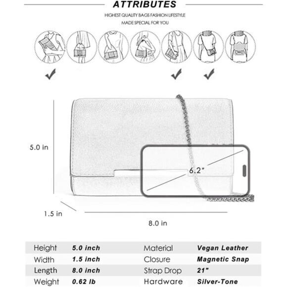 Small Clutch Purses for Women Formal Evening Bag Crossbody and Wristlet - Picture 6 of 6